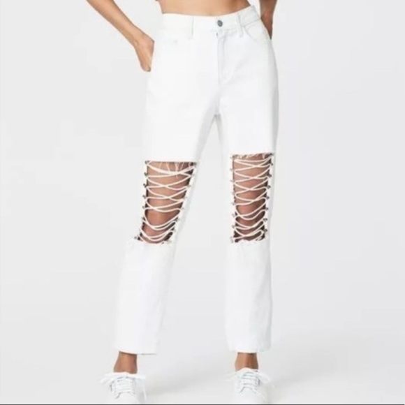 Lf Carmar White High Waisted Hermia Loose Straight Crop Lace Up Front Jeans - Picture 2 of 15